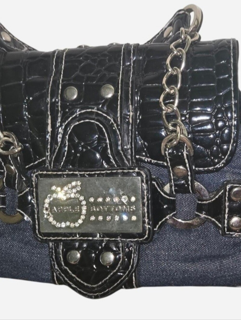 Apple Bottoms Denim & Black Croc-Embossed Chain Shoulder Bag with Rhinestones